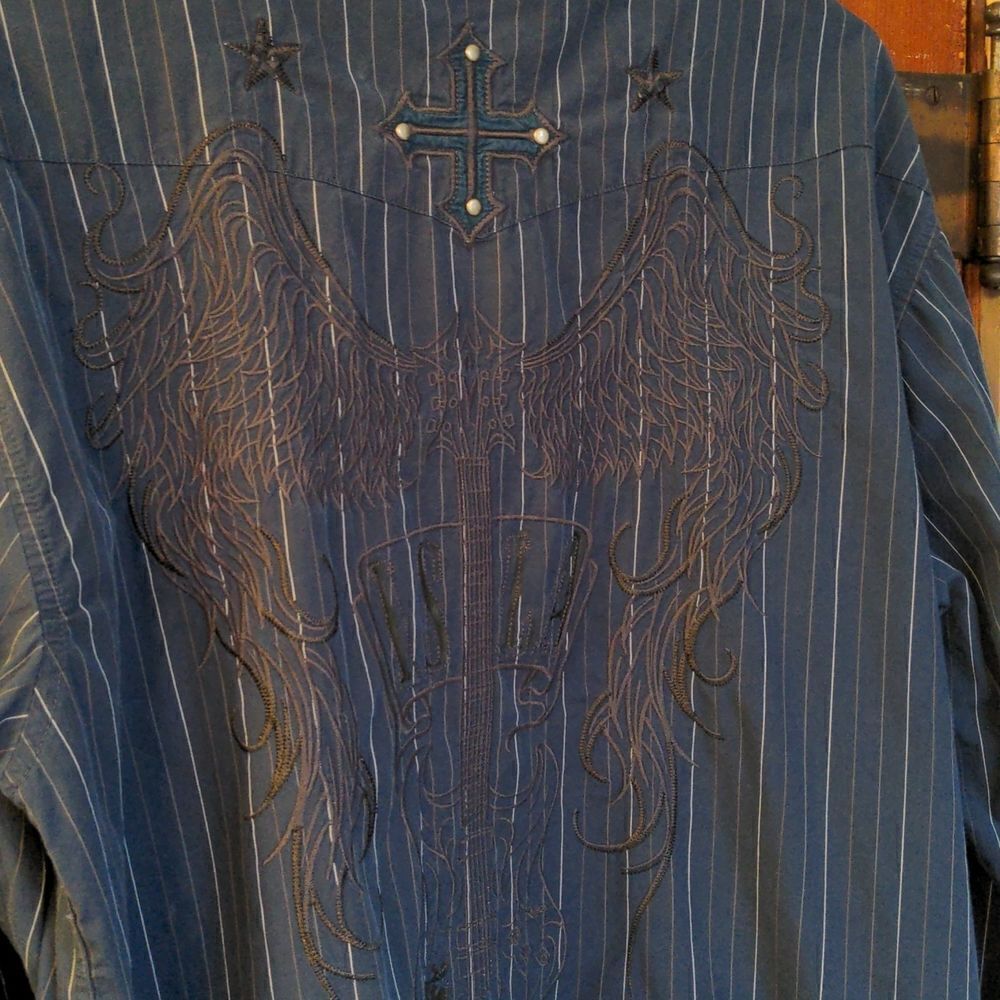 2/$20 Indigo Star Pin-Stripe Navy Blue Military Style Shirt Pearl Buttons Sz XL - Picture 5 of 12